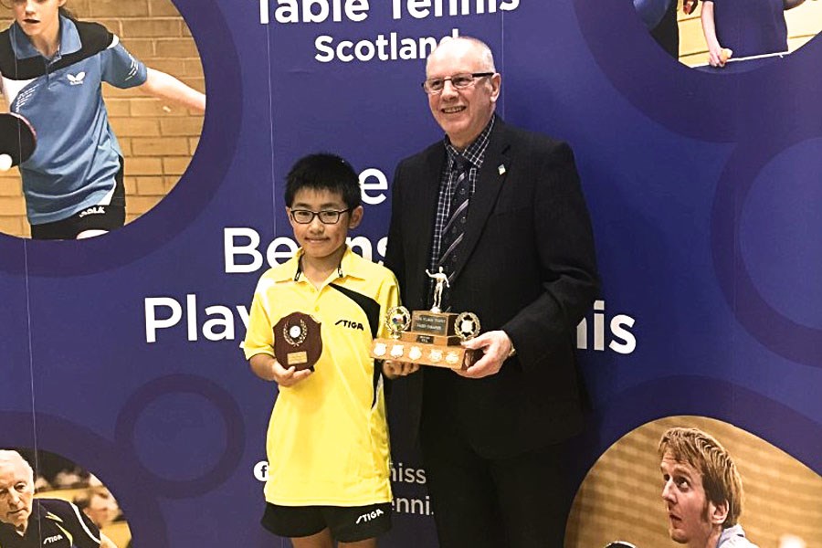Borui Chen U13 & U15 Scot Champ with TTS President Stewart McGowan