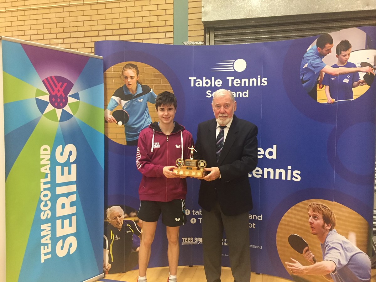 Dylan Curry u15 Scottish champ 2017, with Charlie Flint TTS champs umpire