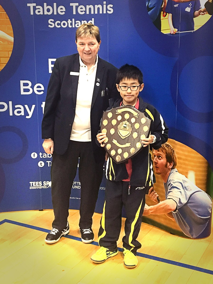 Borui Chen Scottish U13 champion with tournament referee senga thomson