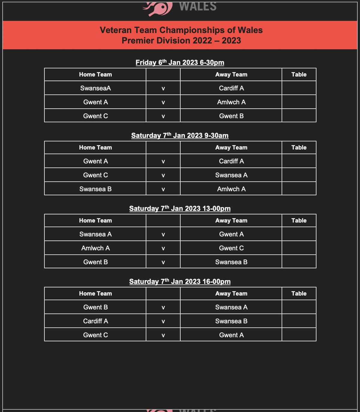 Premier Division Fixtures 6th, 7th, 8th January
